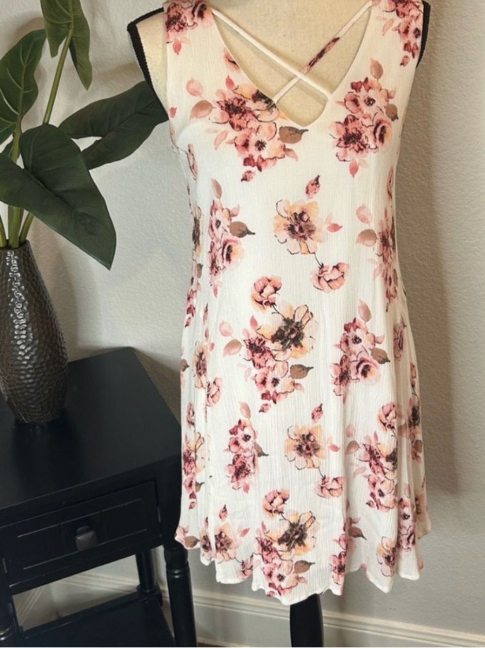 Altar'd State Cream Mini Dress with Pink Floral Print and Crisscross Straps